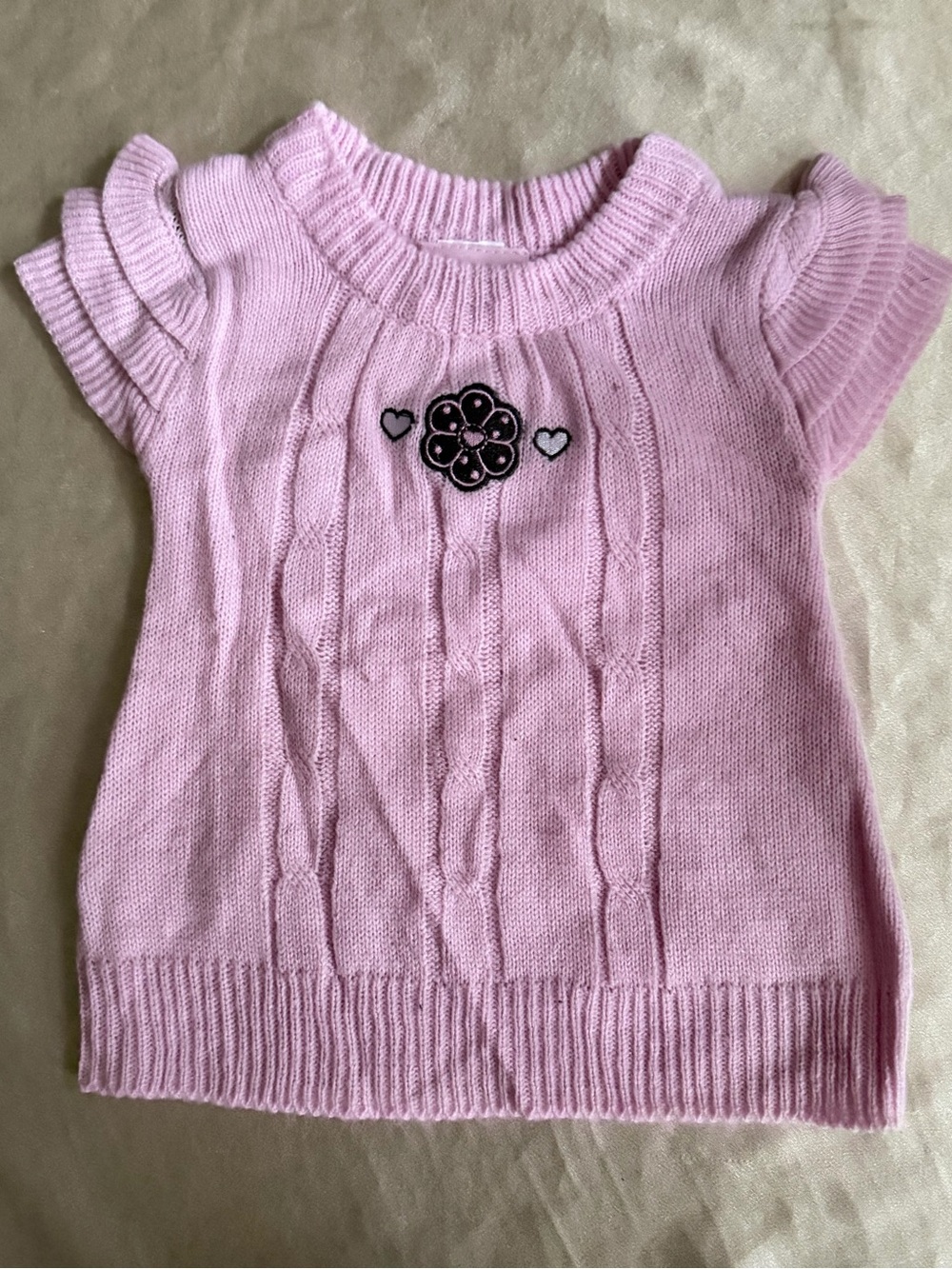 Little Lass Pink Cable Knit Ruffle Sweater w/ Floral &Heart Embroidery 12 M